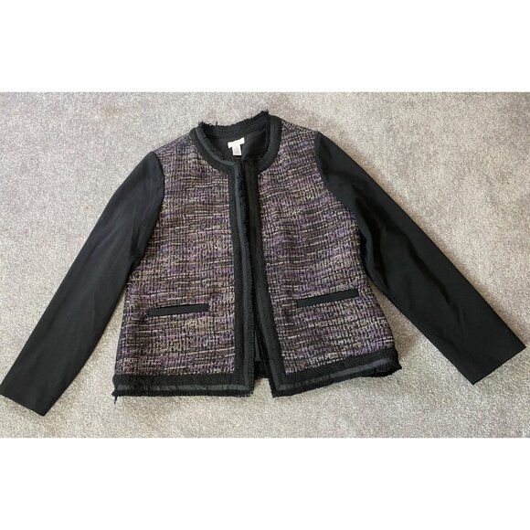 Chicos 1 Tweed Metallic Jacket W/ Black Stretch Sleeves & Fringe Hem Medium - Picture 1 of 10